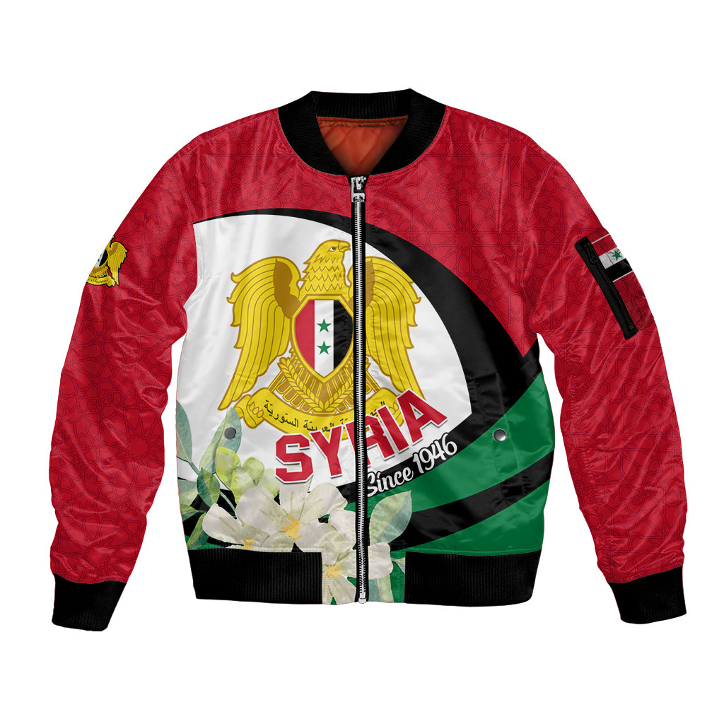 Syria Independence Day Sleeve Zip Bomber Jacket Syrian Coat Of Arms With Jasmine Flower - Wonder Print Shop