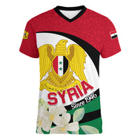 Syria Independence Day Women V Neck T Shirt Syrian Coat Of Arms With Jasmine Flower - Wonder Print Shop