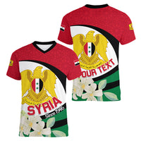Syria Independence Day Women V Neck T Shirt Syrian Coat Of Arms With Jasmine Flower - Wonder Print Shop