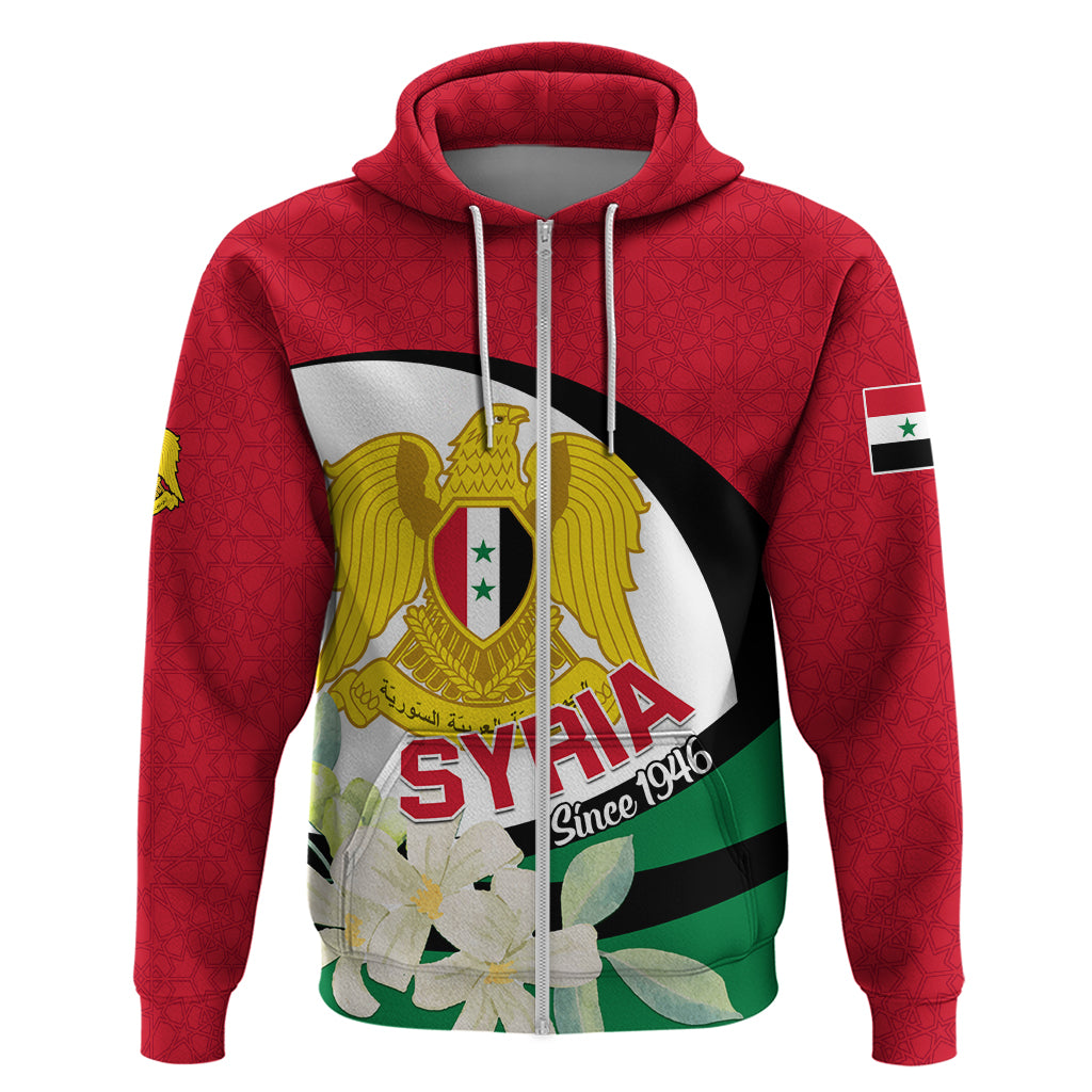 Syria Independence Day Zip Hoodie Syrian Coat Of Arms With Jasmine Flower - Wonder Print Shop