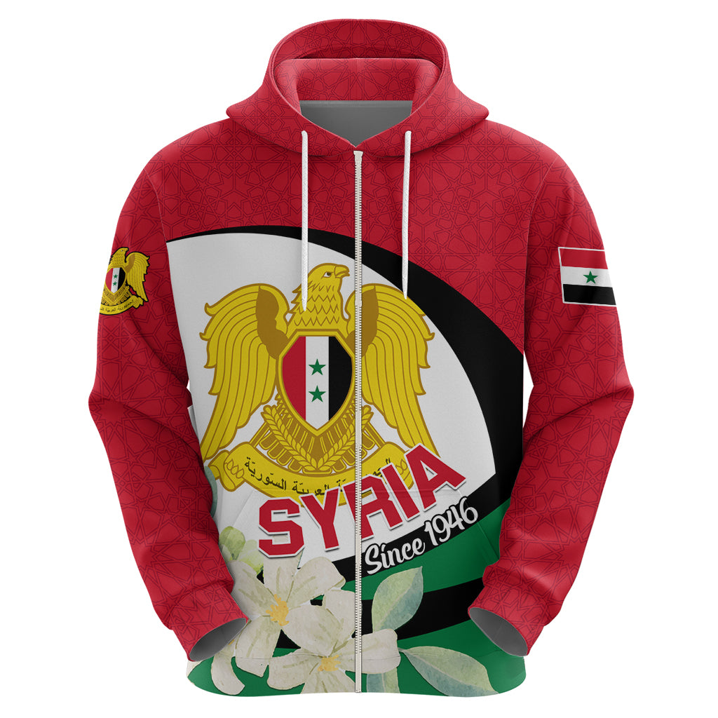 Syria Independence Day Zip Hoodie Syrian Coat Of Arms With Jasmine Flower - Wonder Print Shop