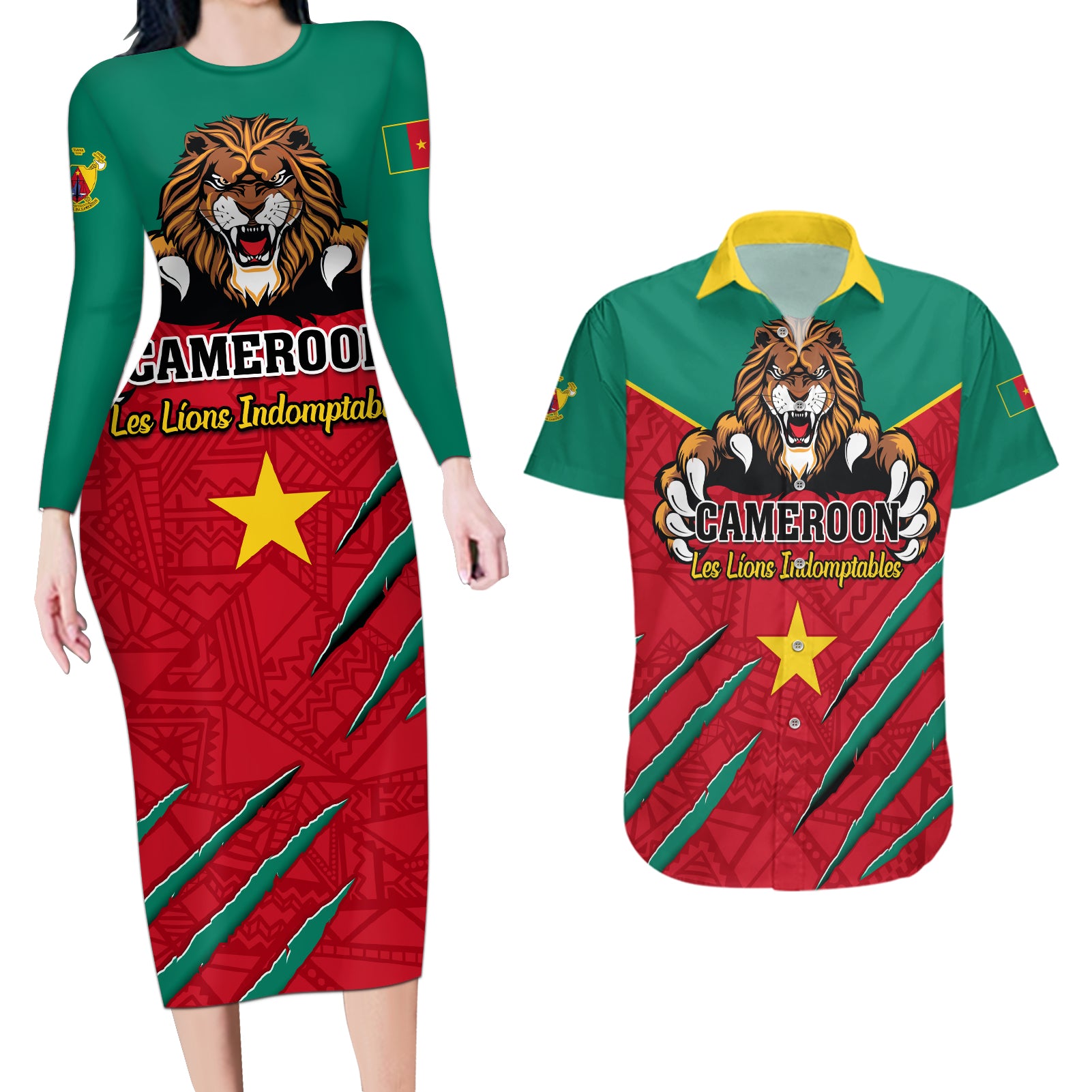 Cameroon Football Couples Matching Long Sleeve Bodycon Dress and Hawaiian Shirt Go Les Lions Indomptables