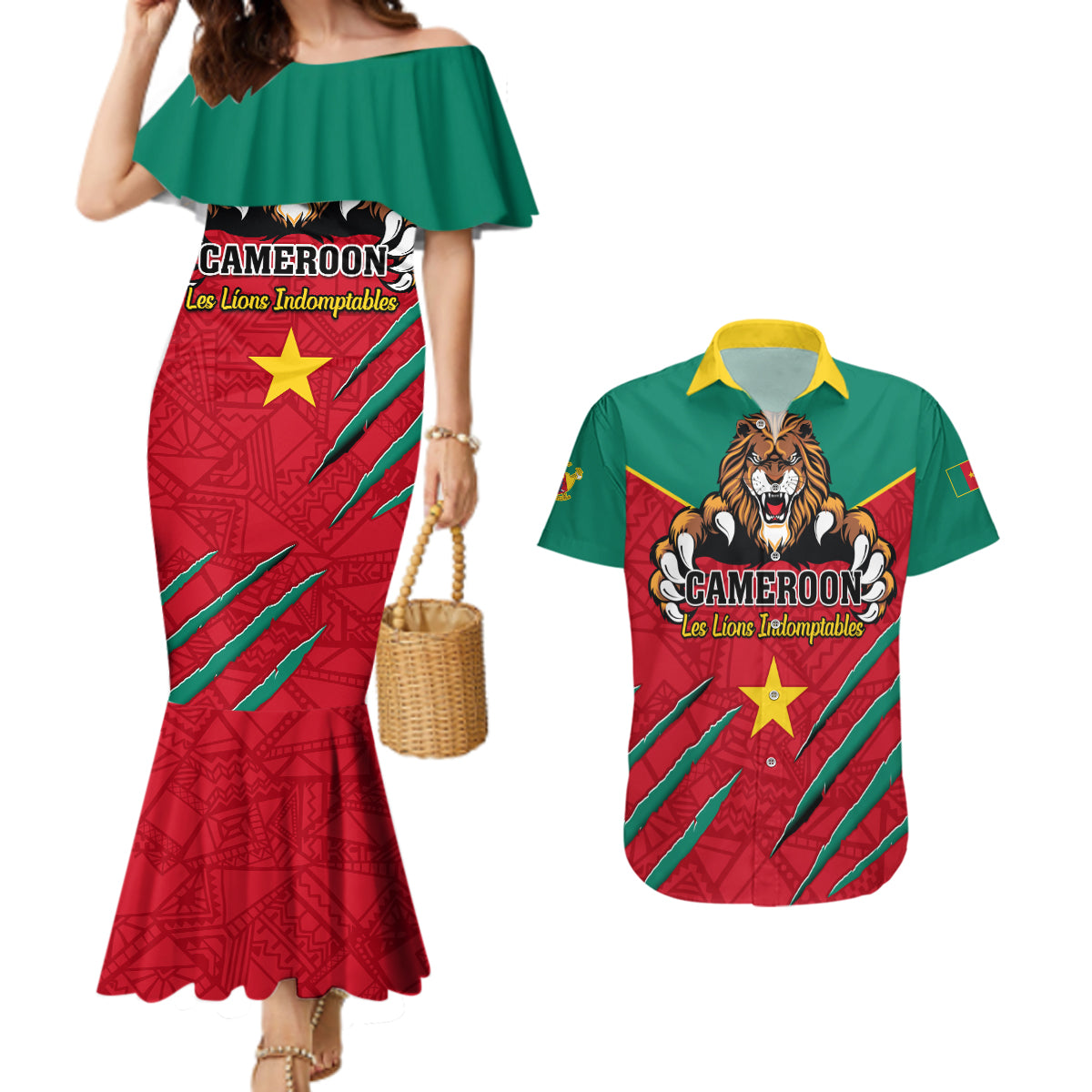 Cameroon Football Couples Matching Mermaid Dress and Hawaiian Shirt Go Les Lions Indomptables