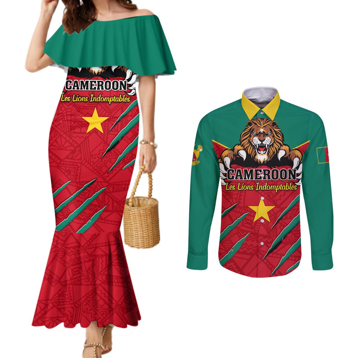 Cameroon Football Couples Matching Mermaid Dress and Long Sleeve Button Shirt Go Les Lions Indomptables