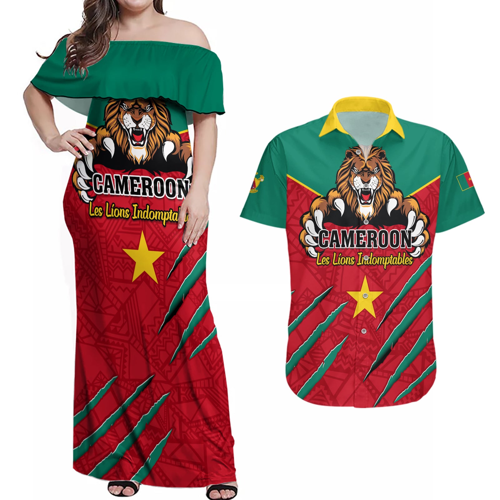 Cameroon Football Couples Matching Off Shoulder Maxi Dress and Hawaiian Shirt Go Les Lions Indomptables