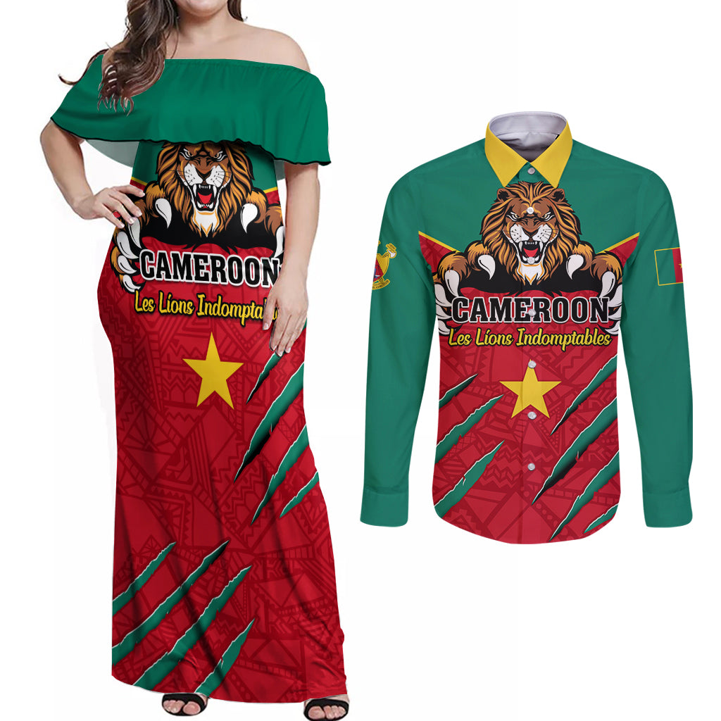 Cameroon Football Couples Matching Off Shoulder Maxi Dress and Long Sleeve Button Shirt Go Les Lions Indomptables