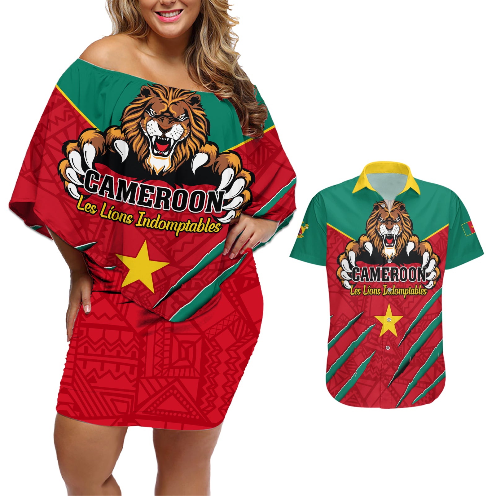 Cameroon Football Couples Matching Off Shoulder Short Dress and Hawaiian Shirt Go Les Lions Indomptables