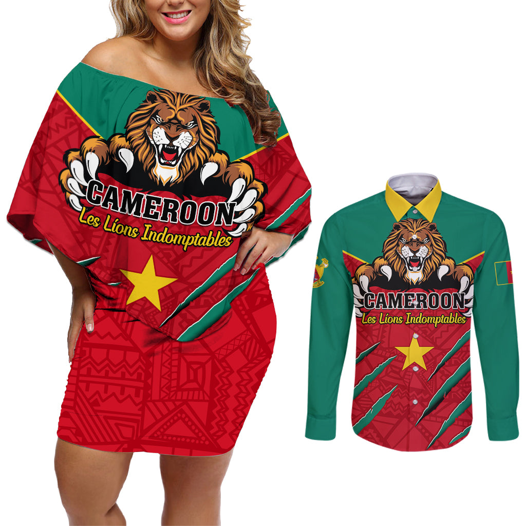 Cameroon Football Couples Matching Off Shoulder Short Dress and Long Sleeve Button Shirt Go Les Lions Indomptables - Wonder Print Shop