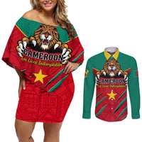 Cameroon Football Couples Matching Off Shoulder Short Dress and Long Sleeve Button Shirt Go Les Lions Indomptables - Wonder Print Shop