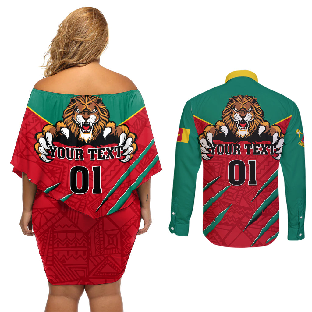 Cameroon Football Couples Matching Off Shoulder Short Dress and Long Sleeve Button Shirt Go Les Lions Indomptables - Wonder Print Shop