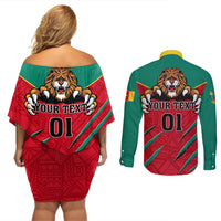 Cameroon Football Couples Matching Off Shoulder Short Dress and Long Sleeve Button Shirt Go Les Lions Indomptables - Wonder Print Shop