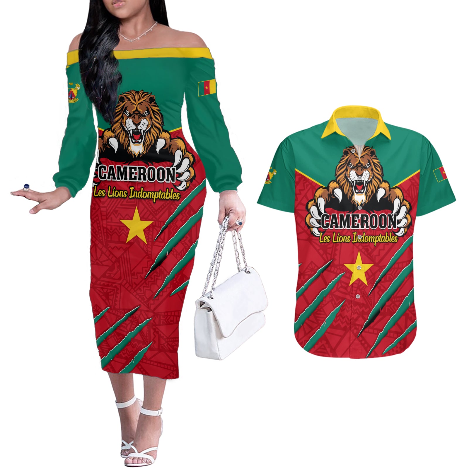 Cameroon Football Couples Matching Off The Shoulder Long Sleeve Dress and Hawaiian Shirt Go Les Lions Indomptables