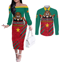 Cameroon Football Couples Matching Off The Shoulder Long Sleeve Dress and Long Sleeve Button Shirt Go Les Lions Indomptables