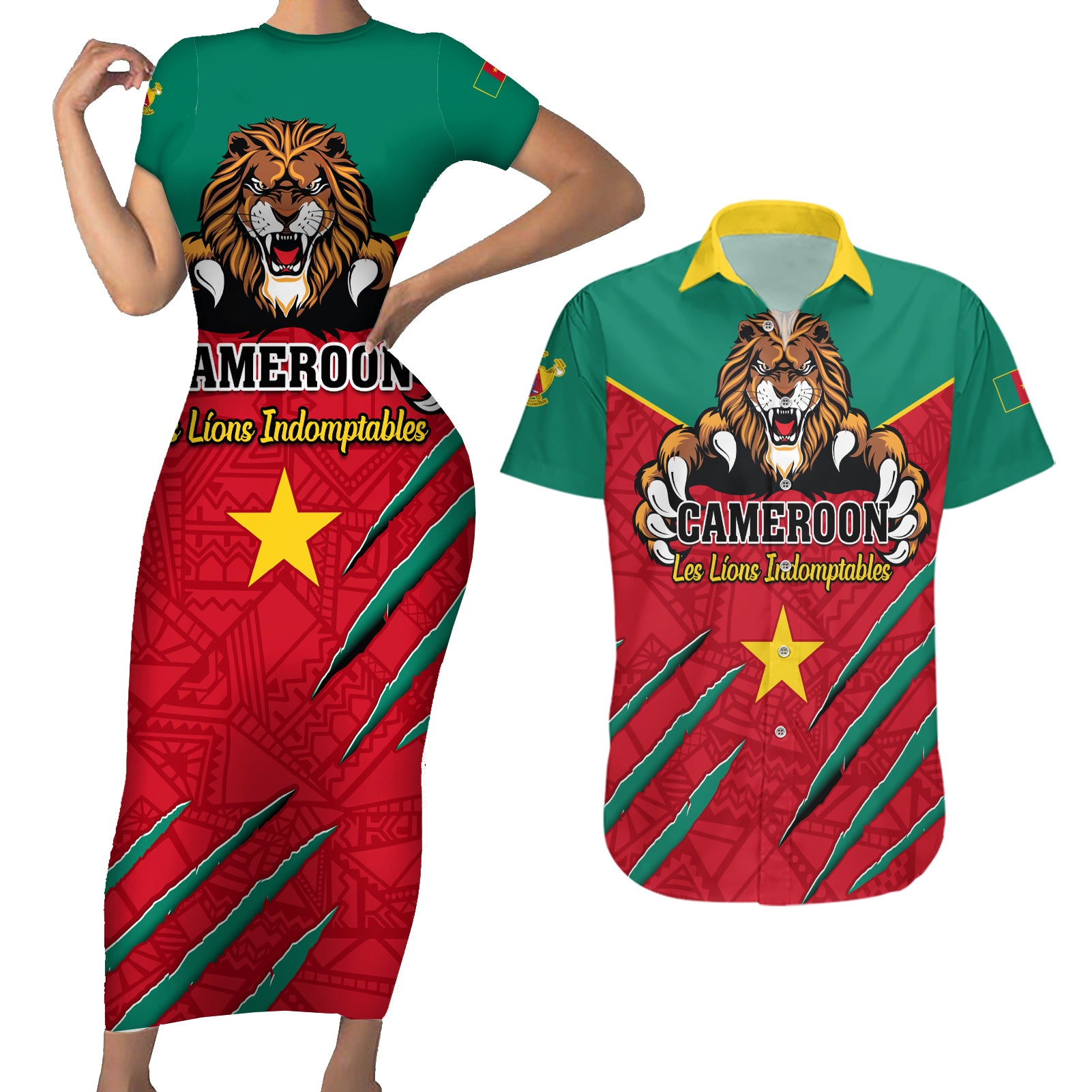 Cameroon Football Couples Matching Short Sleeve Bodycon Dress and Hawaiian Shirt Go Les Lions Indomptables