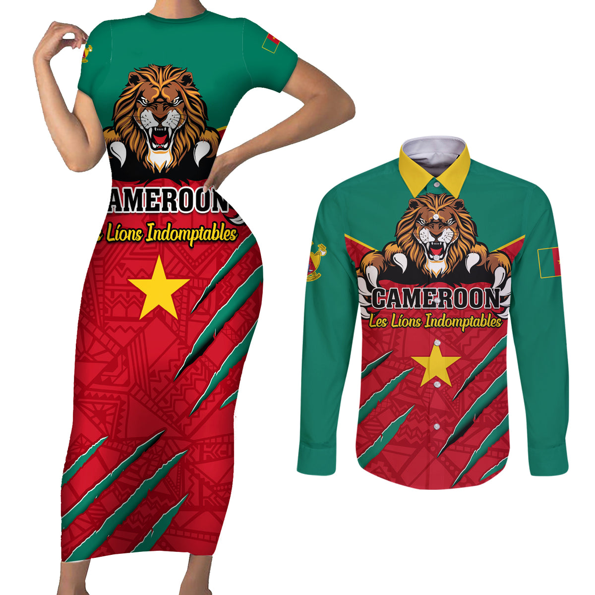 Cameroon Football Couples Matching Short Sleeve Bodycon Dress and Long Sleeve Button Shirt Go Les Lions Indomptables - Wonder Print Shop
