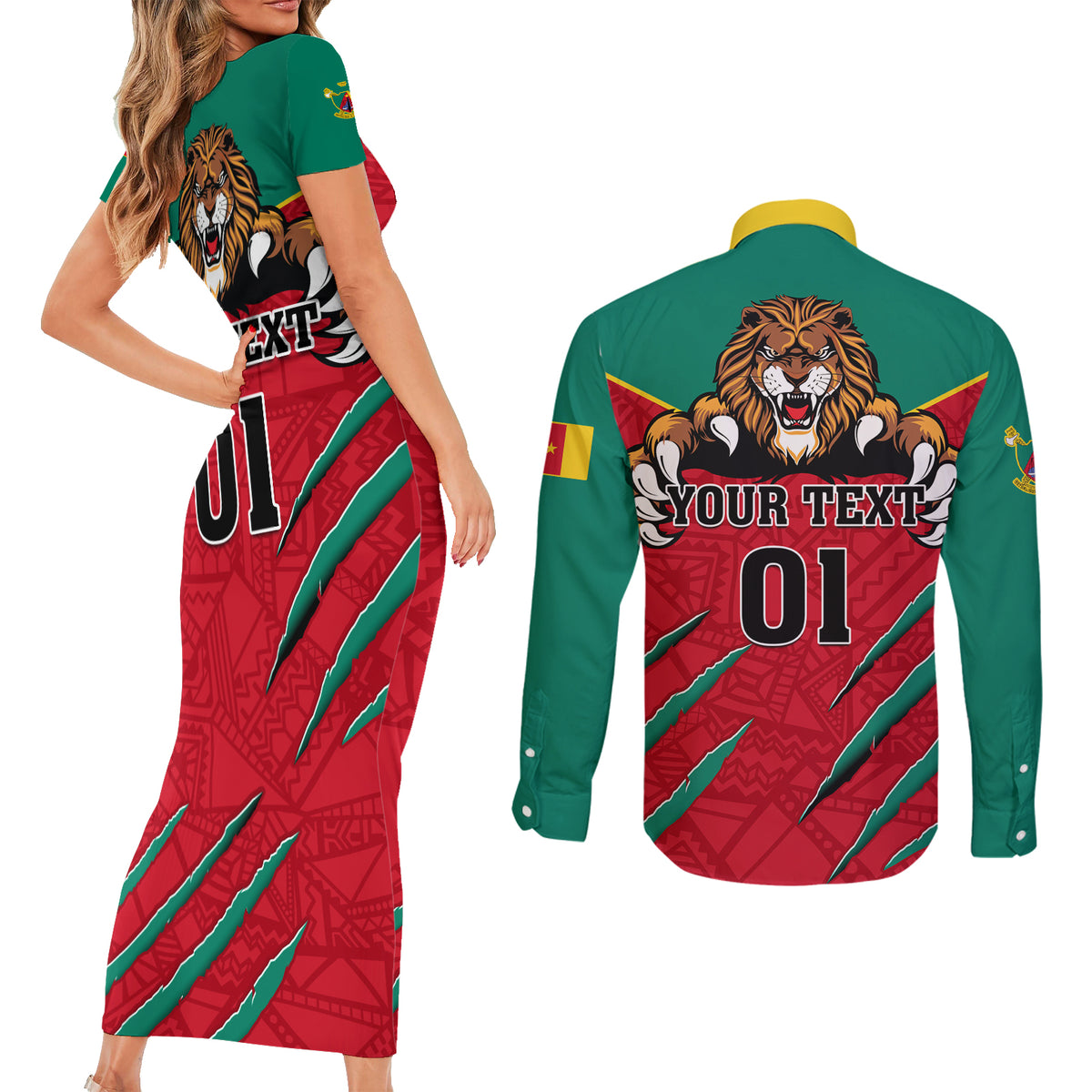 Cameroon Football Couples Matching Short Sleeve Bodycon Dress and Long Sleeve Button Shirt Go Les Lions Indomptables - Wonder Print Shop