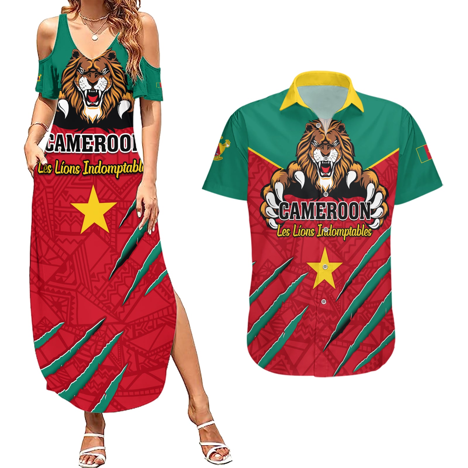 Cameroon Football Couples Matching Summer Maxi Dress and Hawaiian Shirt Go Les Lions Indomptables