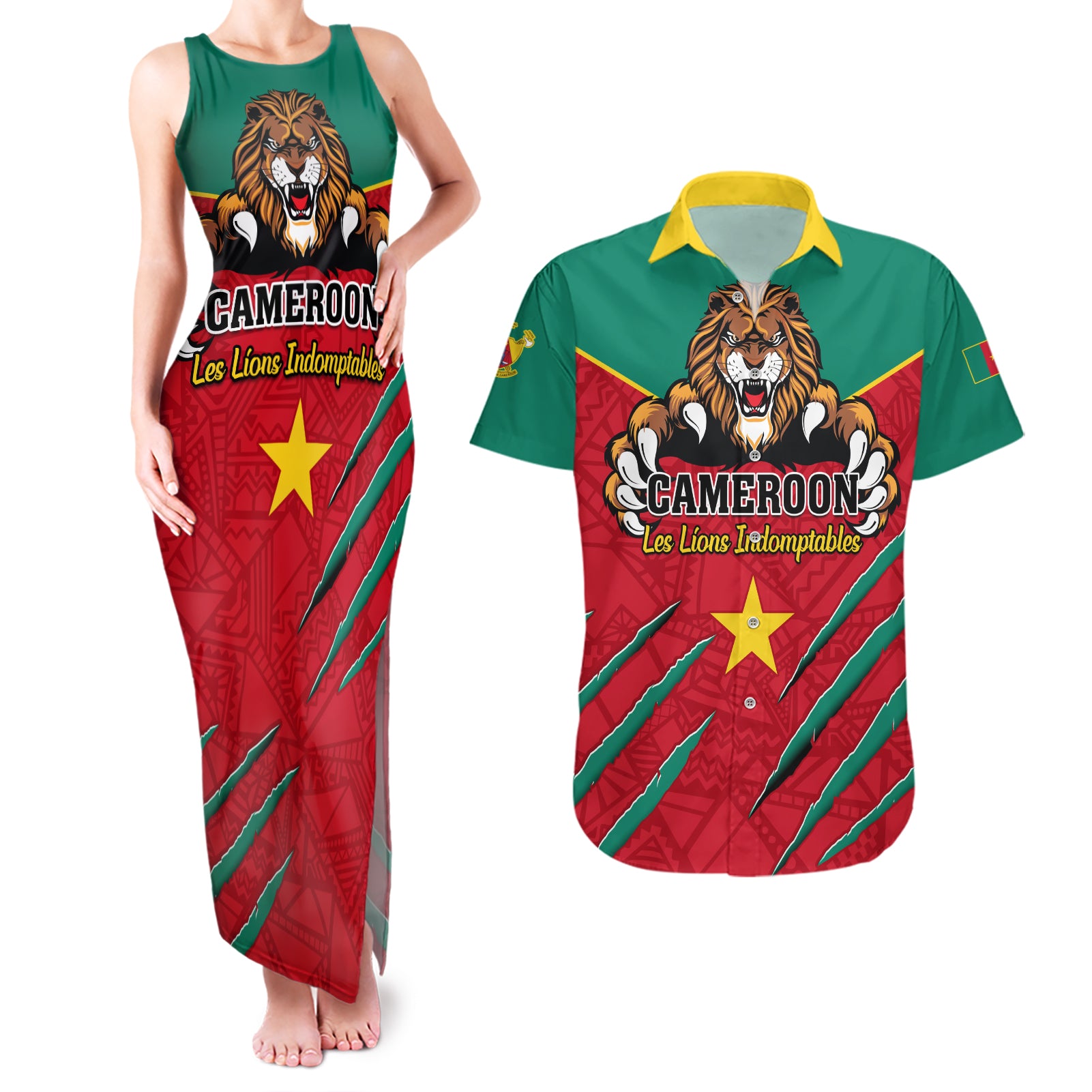 Cameroon Football Couples Matching Tank Maxi Dress and Hawaiian Shirt Go Les Lions Indomptables
