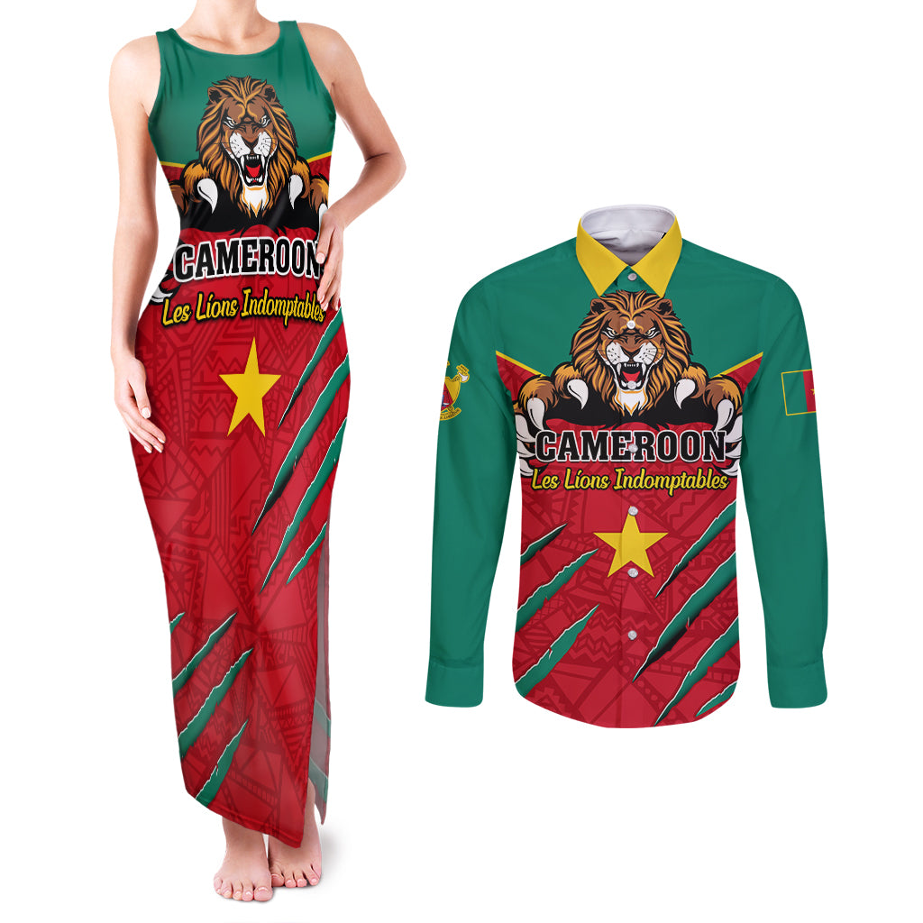 Cameroon Football Couples Matching Tank Maxi Dress and Long Sleeve Button Shirt Go Les Lions Indomptables - Wonder Print Shop