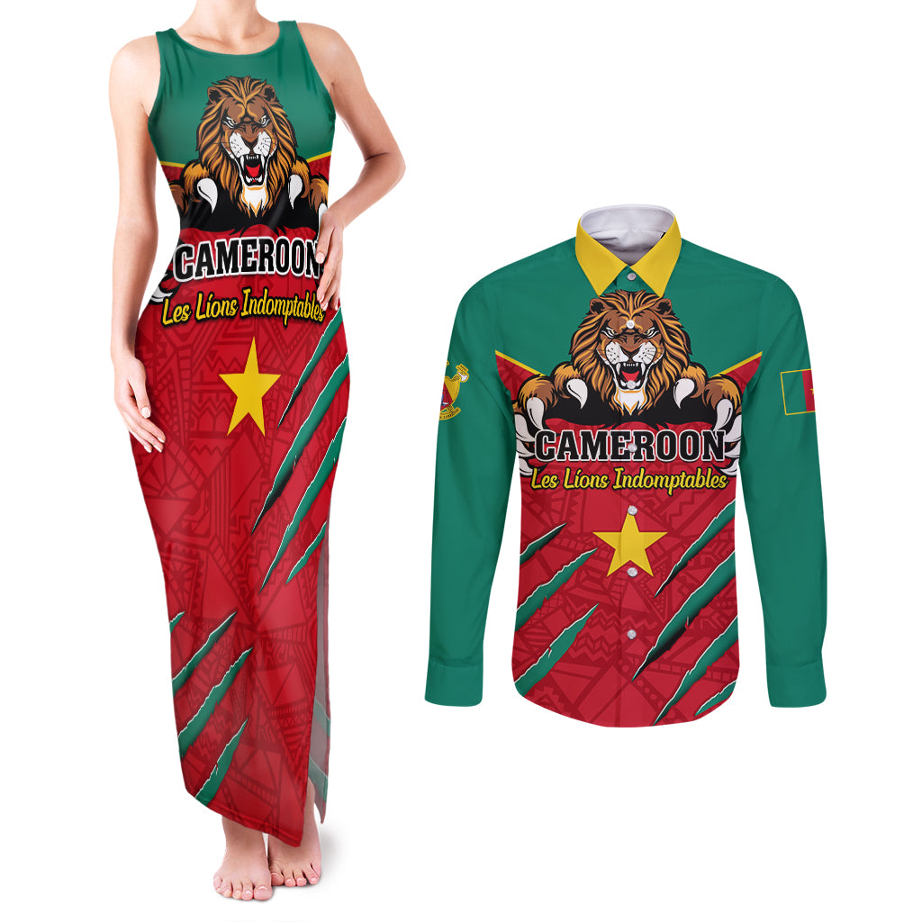 Cameroon Football Couples Matching Tank Maxi Dress and Long Sleeve Button Shirt Go Les Lions Indomptables