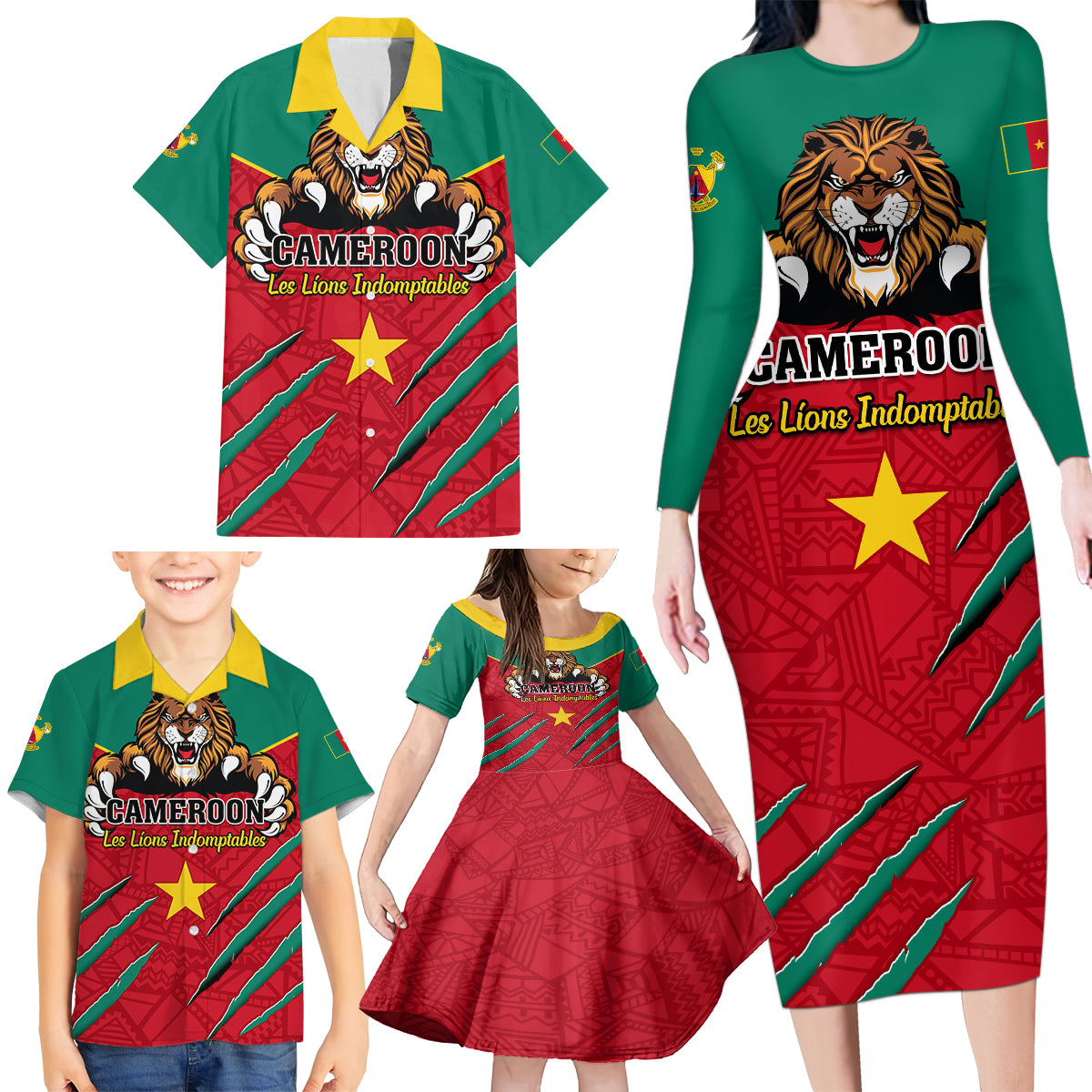 Cameroon Football Family Matching Long Sleeve Bodycon Dress and Hawaiian Shirt Go Les Lions Indomptables - Wonder Print Shop