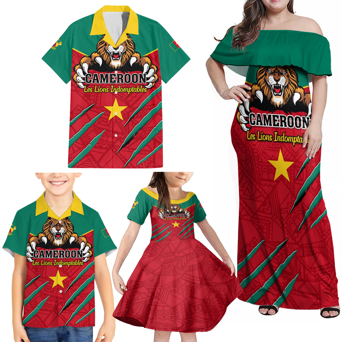 Cameroon Football Family Matching Off Shoulder Maxi Dress and Hawaiian Shirt Go Les Lions Indomptables