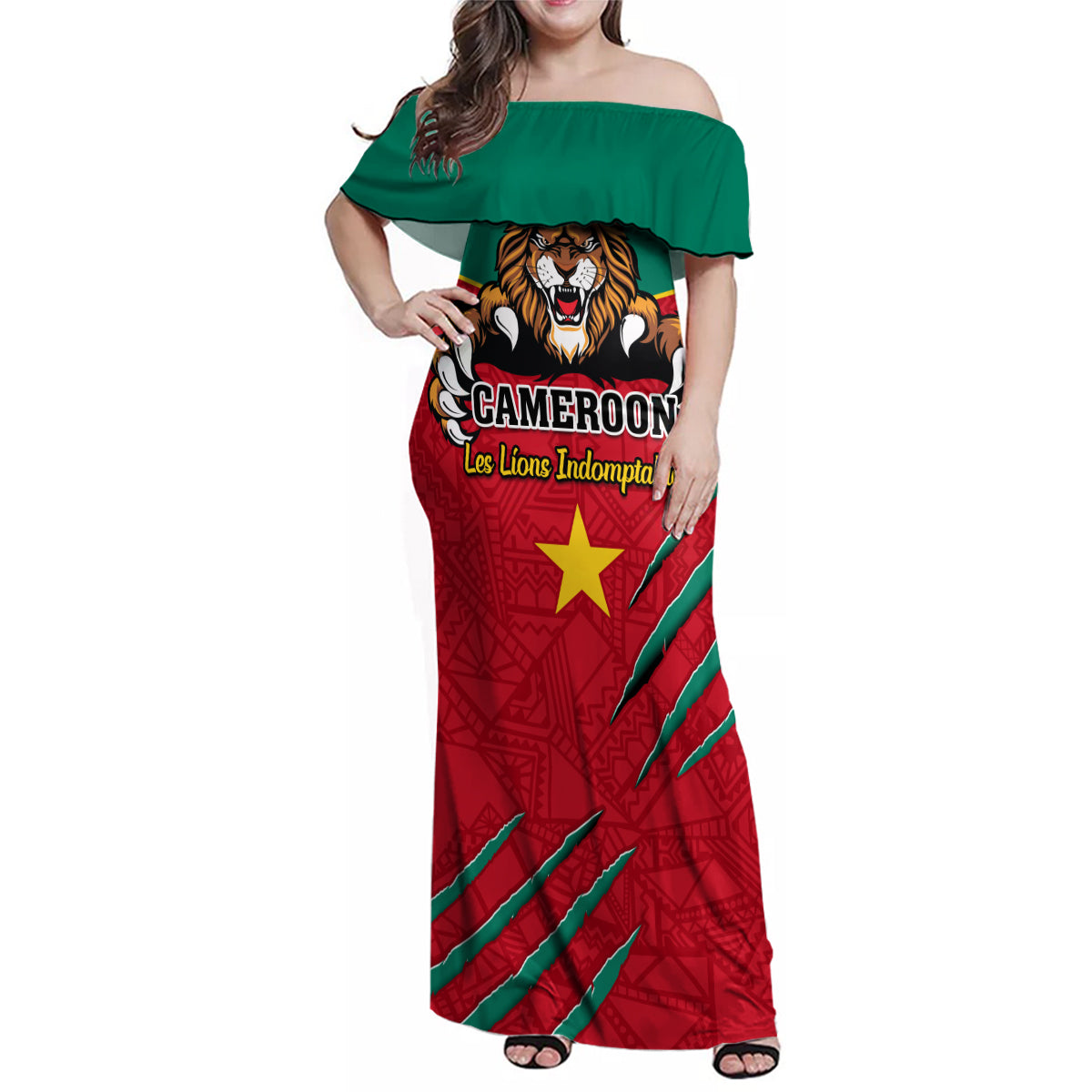 Cameroon Football Family Matching Off Shoulder Maxi Dress and Hawaiian Shirt Go Les Lions Indomptables - Wonder Print Shop