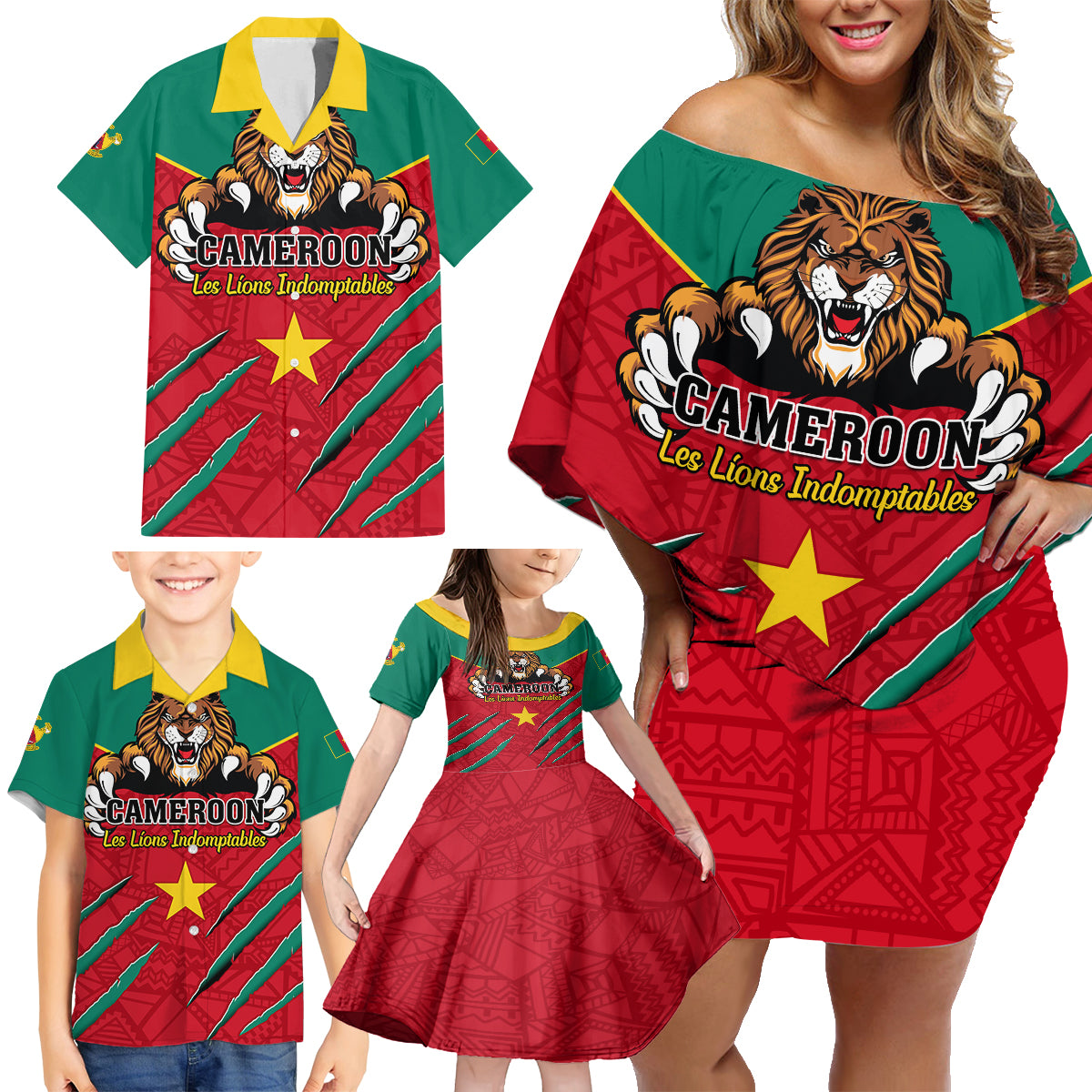 Cameroon Football Family Matching Off Shoulder Short Dress and Hawaiian Shirt Go Les Lions Indomptables