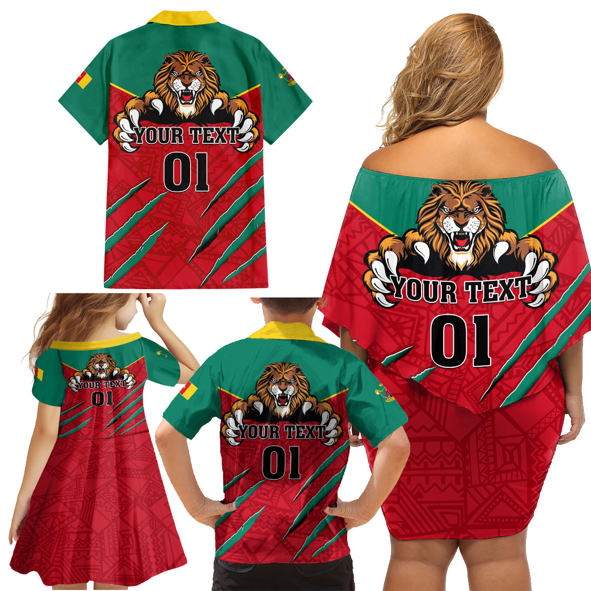 Cameroon Football Family Matching Off Shoulder Short Dress and Hawaiian Shirt Go Les Lions Indomptables - Wonder Print Shop