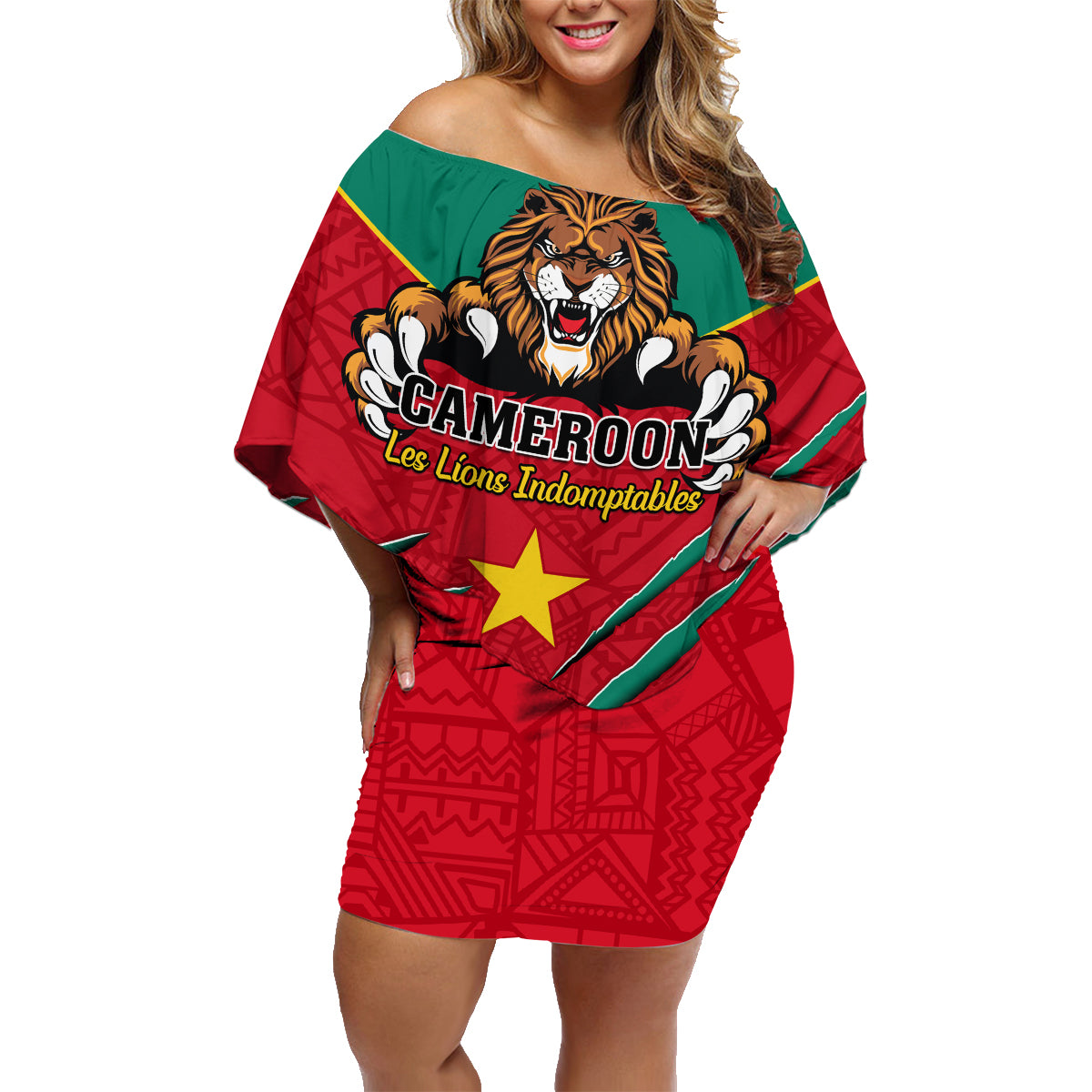 Cameroon Football Family Matching Off Shoulder Short Dress and Hawaiian Shirt Go Les Lions Indomptables - Wonder Print Shop