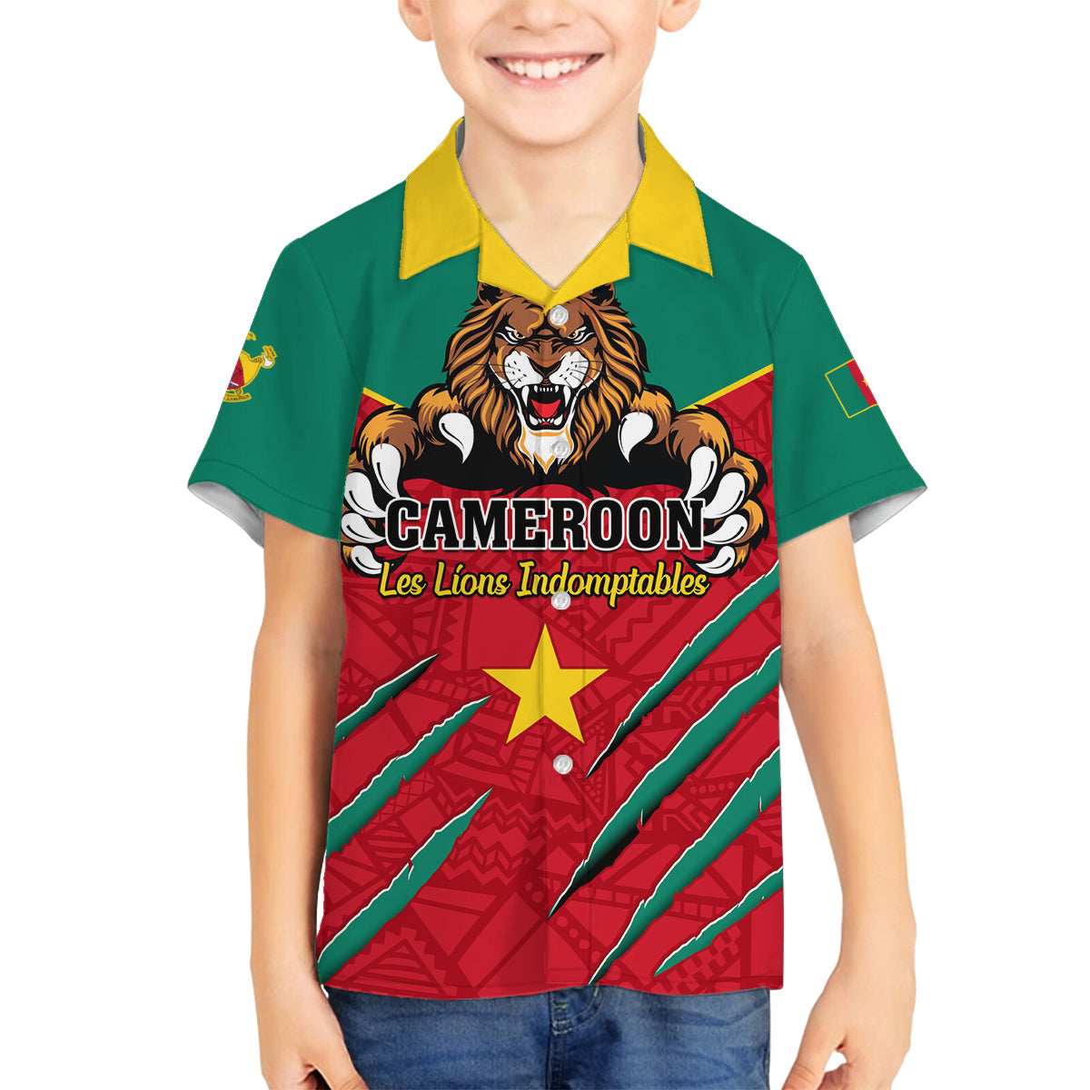 Cameroon Football Family Matching Off Shoulder Short Dress and Hawaiian Shirt Go Les Lions Indomptables - Wonder Print Shop