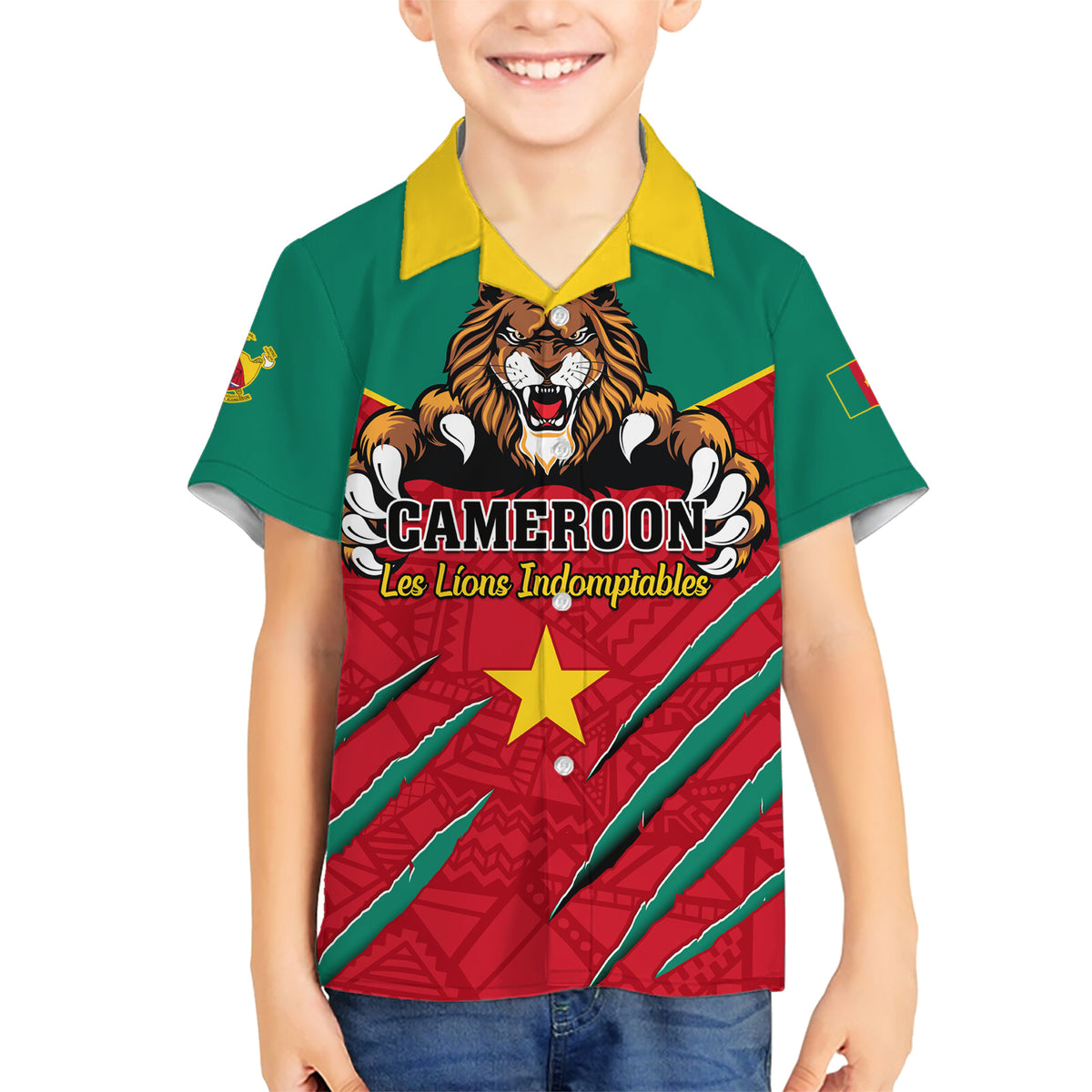Cameroon Football Family Matching Short Sleeve Bodycon Dress and Hawaiian Shirt Go Les Lions Indomptables - Wonder Print Shop