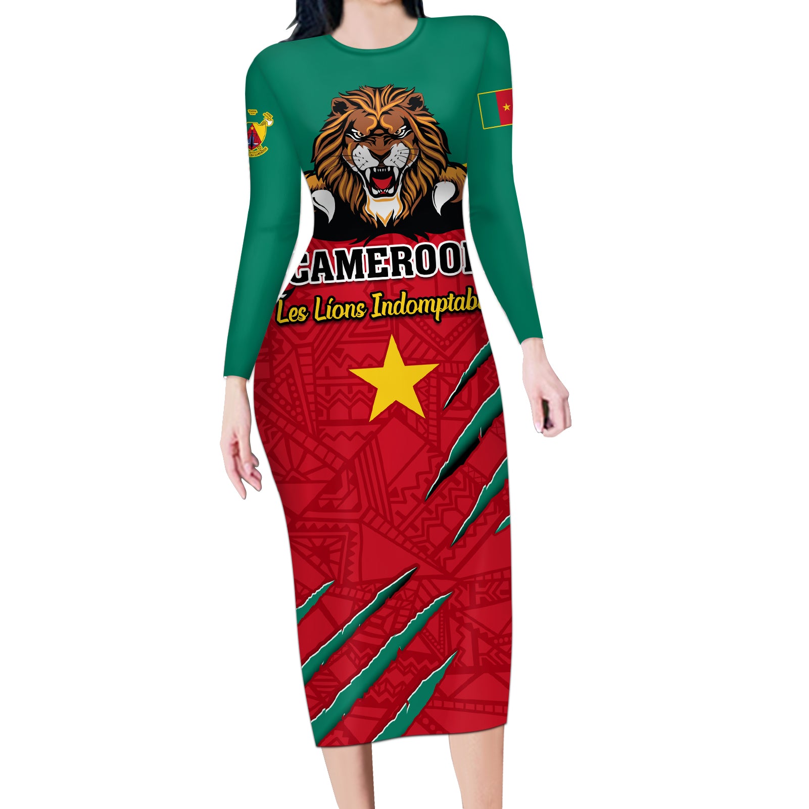 Cameroon Football Long Sleeve Bodycon Dress Go Les Lions Indomptables