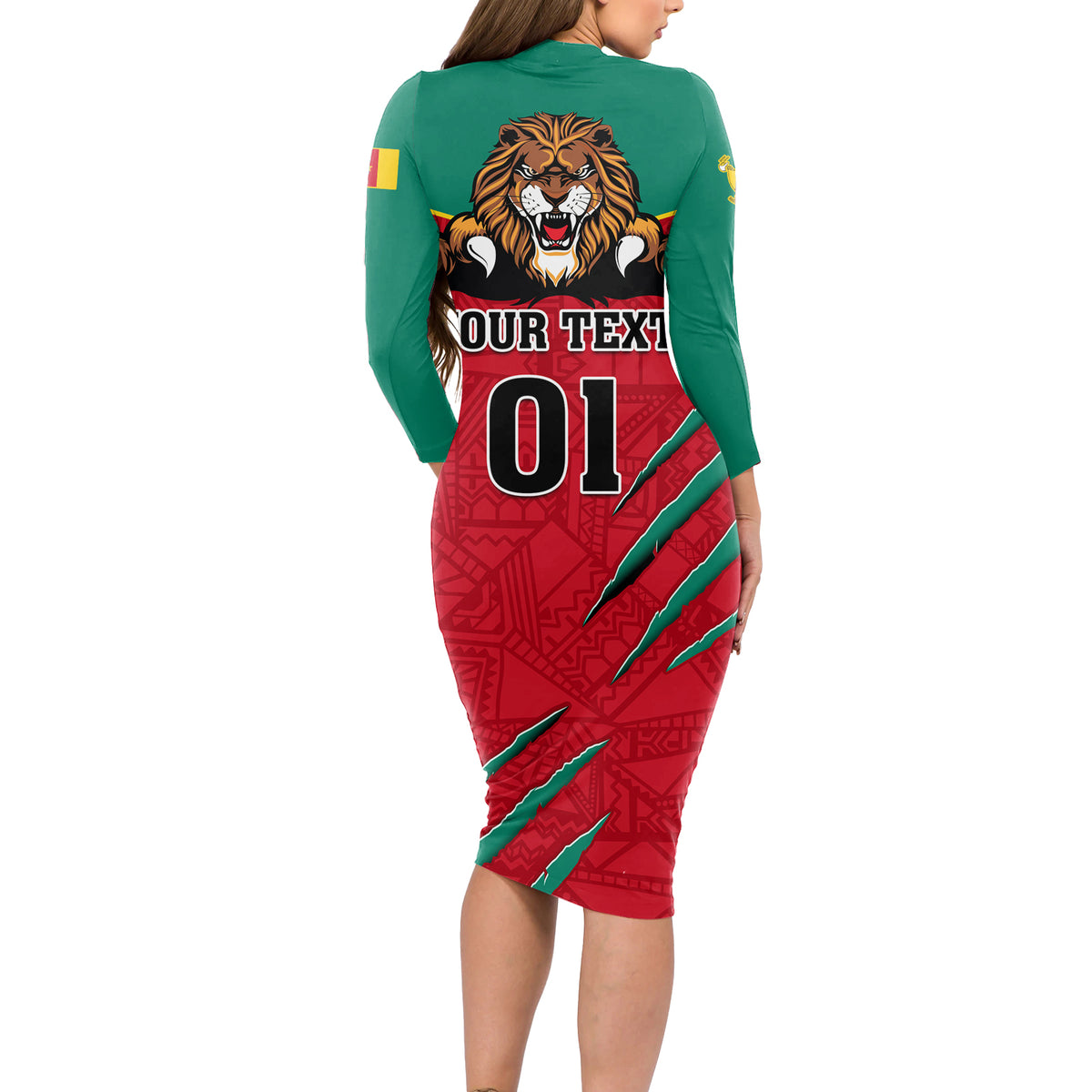 Cameroon Football Long Sleeve Bodycon Dress Go Les Lions Indomptables - Wonder Print Shop