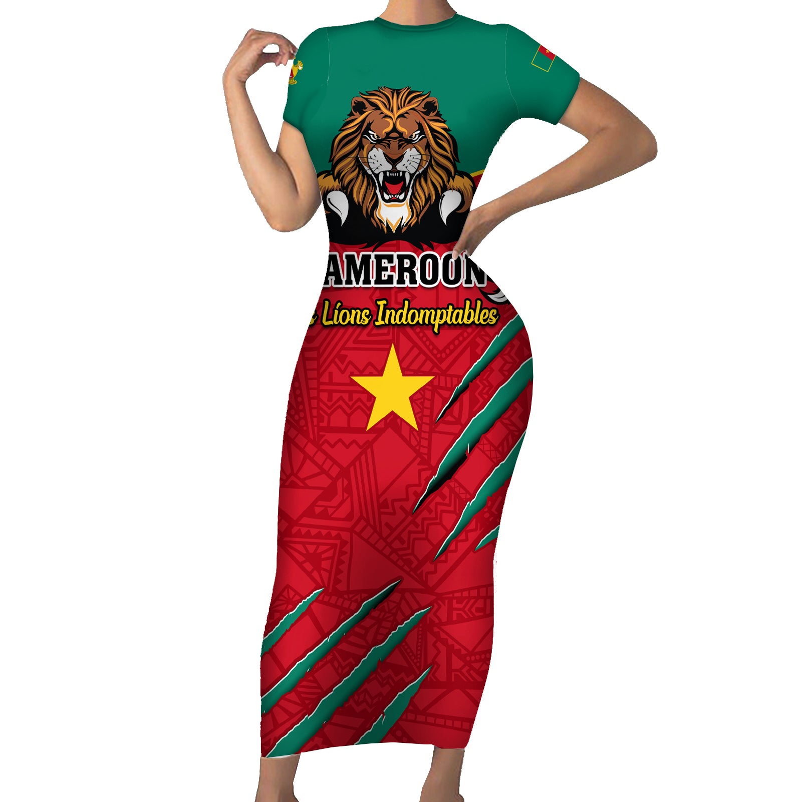 Cameroon Football Short Sleeve Bodycon Dress Go Les Lions Indomptables