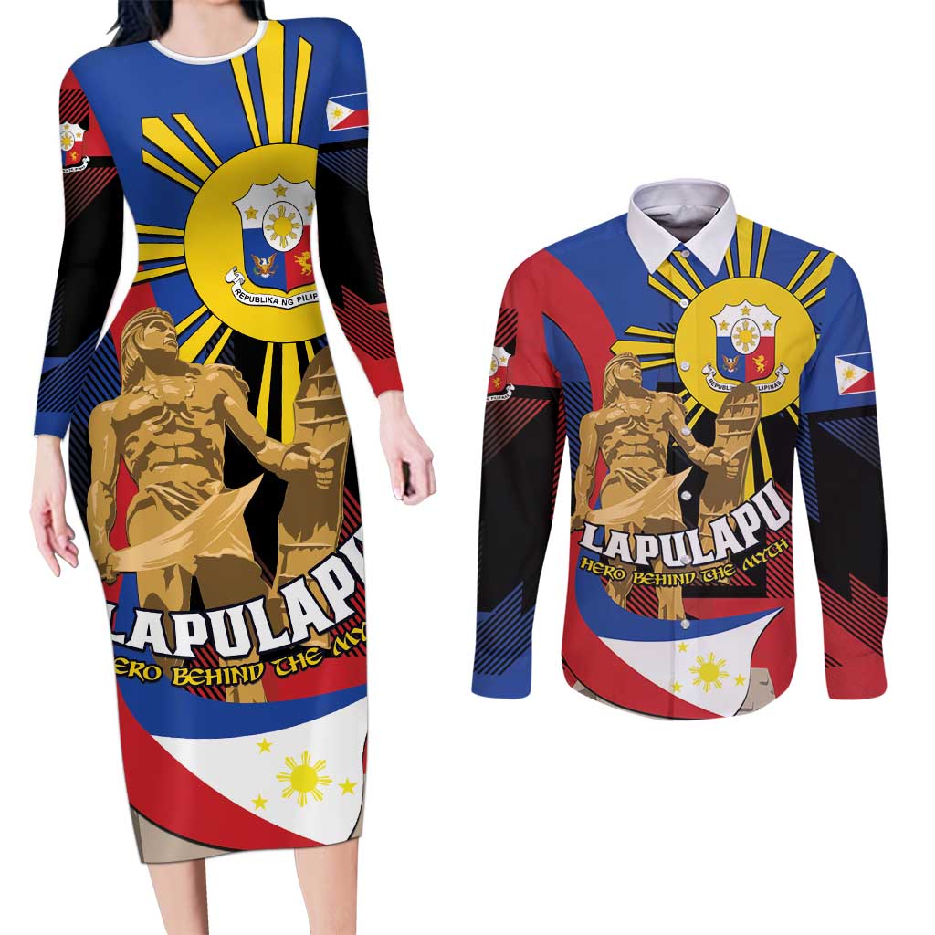 Personalized Philippines Lapulapu Couples Matching Long Sleeve Bodycon Dress and Long Sleeve Button Shirt Hero Behind The Myth