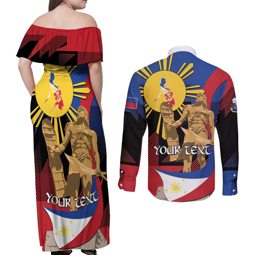 Personalized Philippines Lapulapu Couples Matching Off Shoulder Maxi Dress and Long Sleeve Button Shirt Hero Behind The Myth