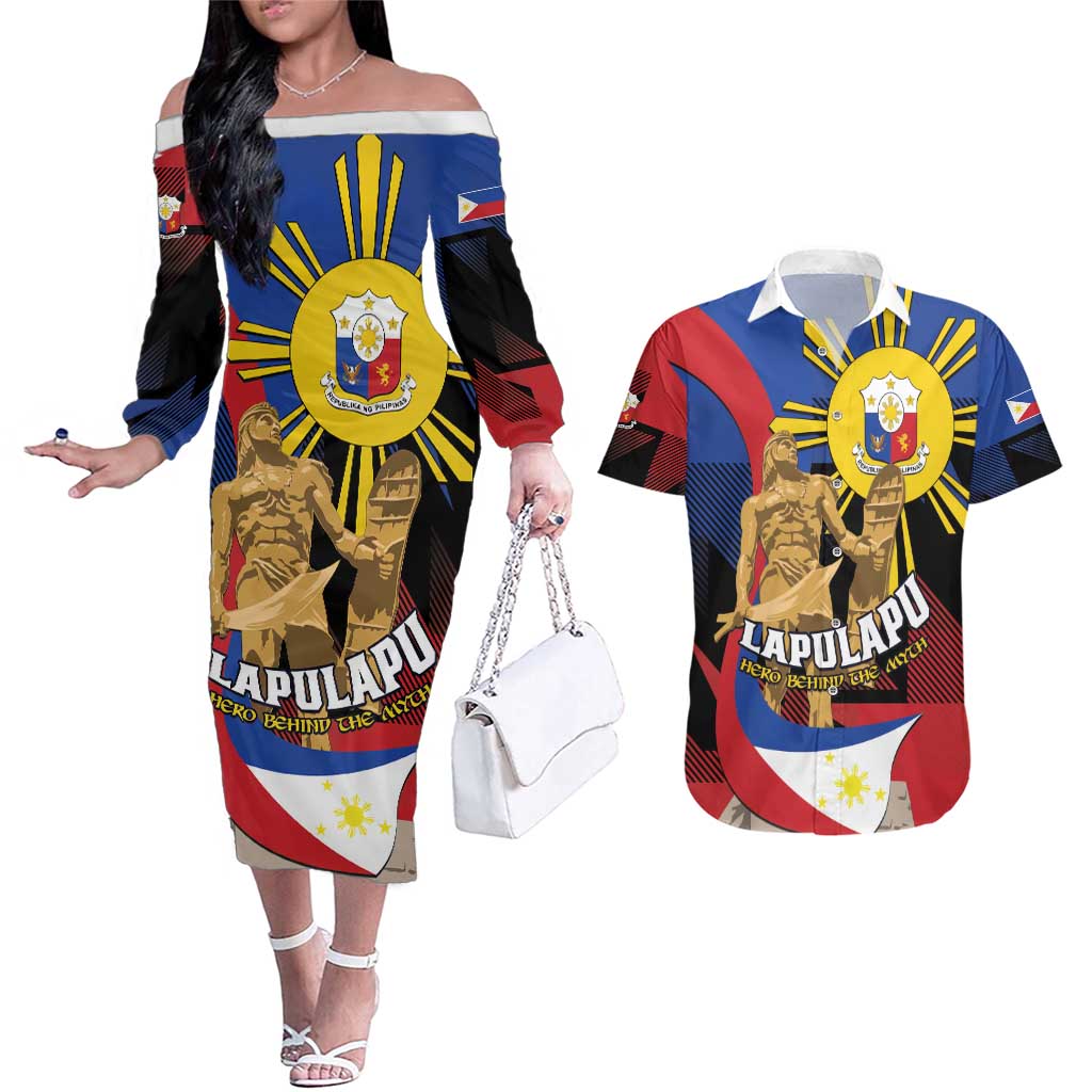 Personalized Philippines Lapulapu Couples Matching Off The Shoulder Long Sleeve Dress and Hawaiian Shirt Hero Behind The Myth