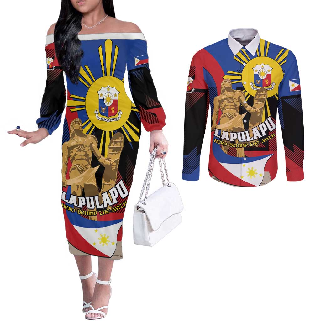 Personalized Philippines Lapulapu Couples Matching Off The Shoulder Long Sleeve Dress and Long Sleeve Button Shirt Hero Behind The Myth