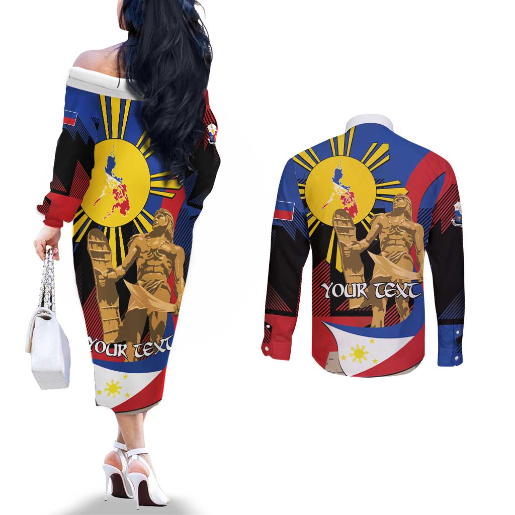Personalized Philippines Lapulapu Couples Matching Off The Shoulder Long Sleeve Dress and Long Sleeve Button Shirt Hero Behind The Myth