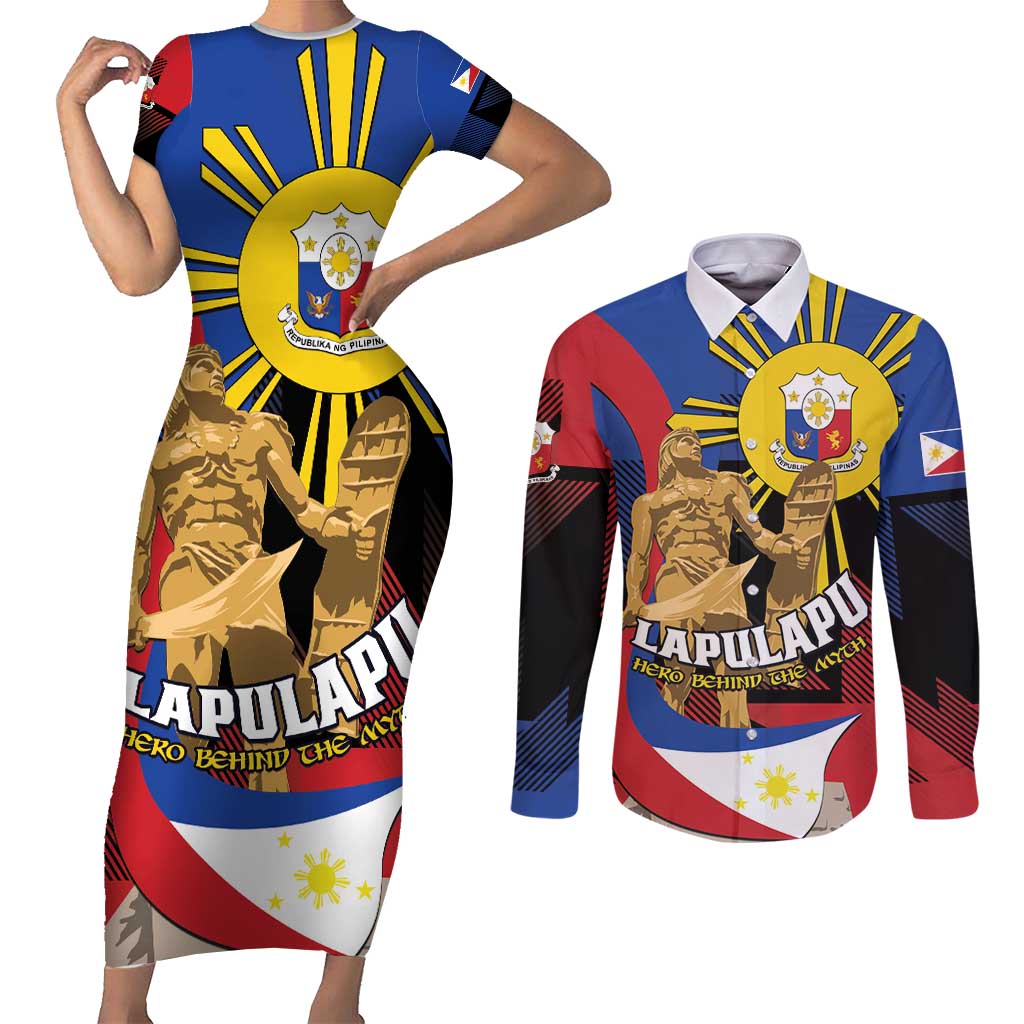 Personalized Philippines Lapulapu Couples Matching Short Sleeve Bodycon Dress and Long Sleeve Button Shirt Hero Behind The Myth