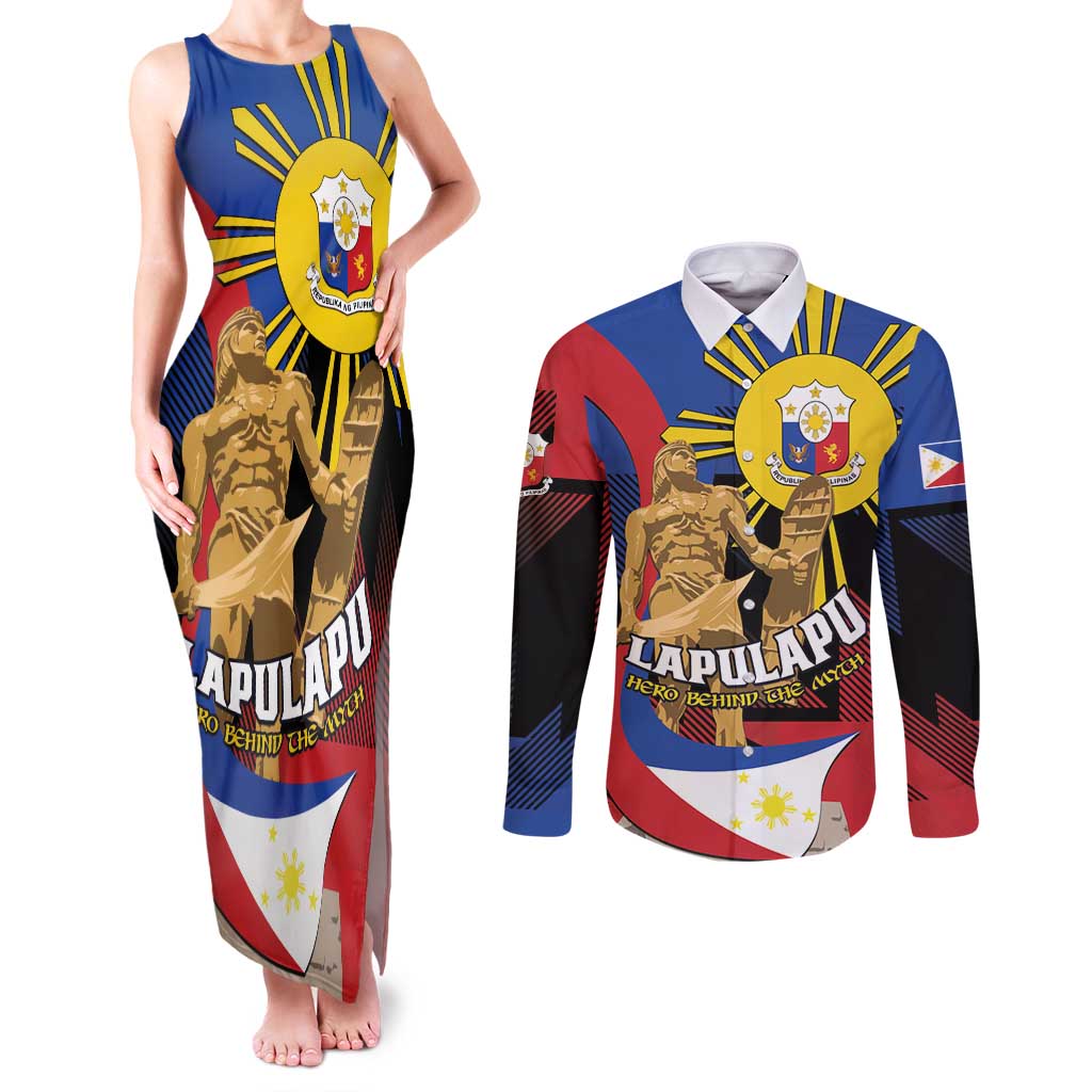 Personalized Philippines Lapulapu Couples Matching Tank Maxi Dress and Long Sleeve Button Shirt Hero Behind The Myth