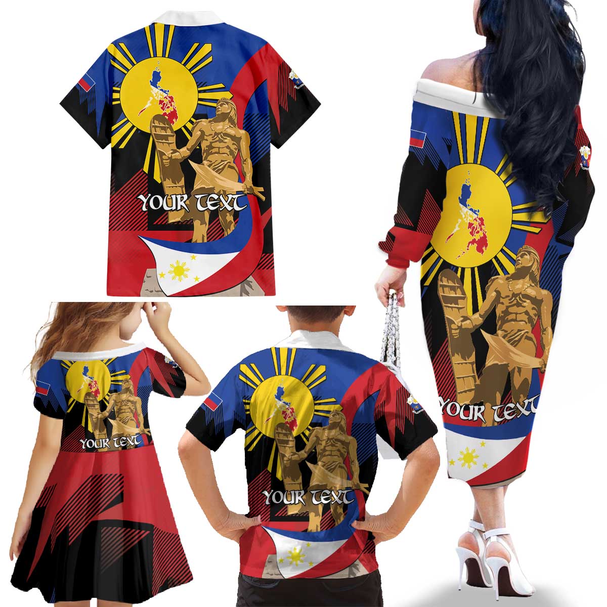 Personalized Philippines Lapulapu Family Matching Off The Shoulder Long Sleeve Dress and Hawaiian Shirt Hero Behind The Myth