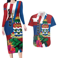 Personalised Cayman Islands Couples Matching Long Sleeve Bodycon Dress and Hawaiian Shirt Tropical Green Turtle