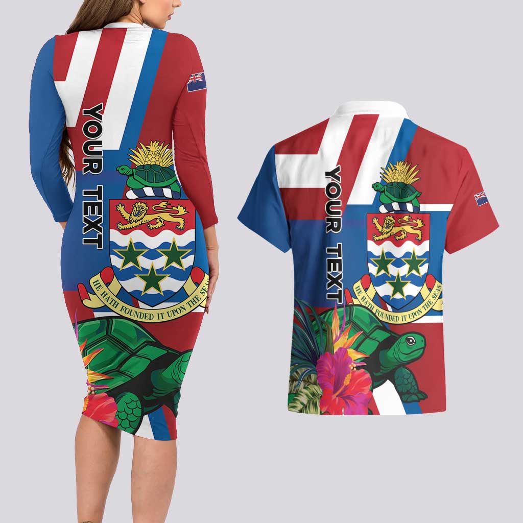 Personalised Cayman Islands Couples Matching Long Sleeve Bodycon Dress and Hawaiian Shirt Tropical Green Turtle