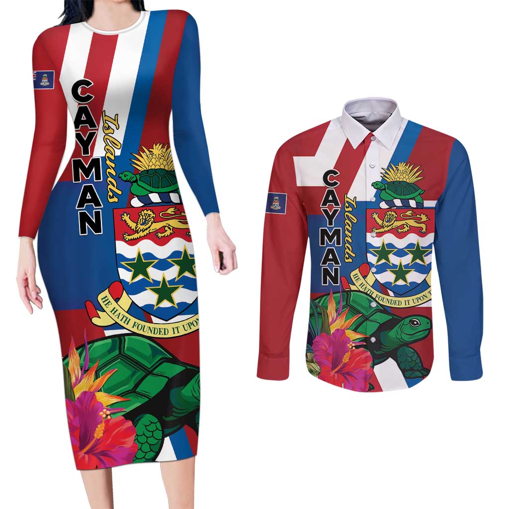 Personalised Cayman Islands Couples Matching Long Sleeve Bodycon Dress and Long Sleeve Button Shirt Tropical Green Turtle