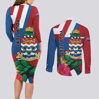Personalised Cayman Islands Couples Matching Long Sleeve Bodycon Dress and Long Sleeve Button Shirt Tropical Green Turtle