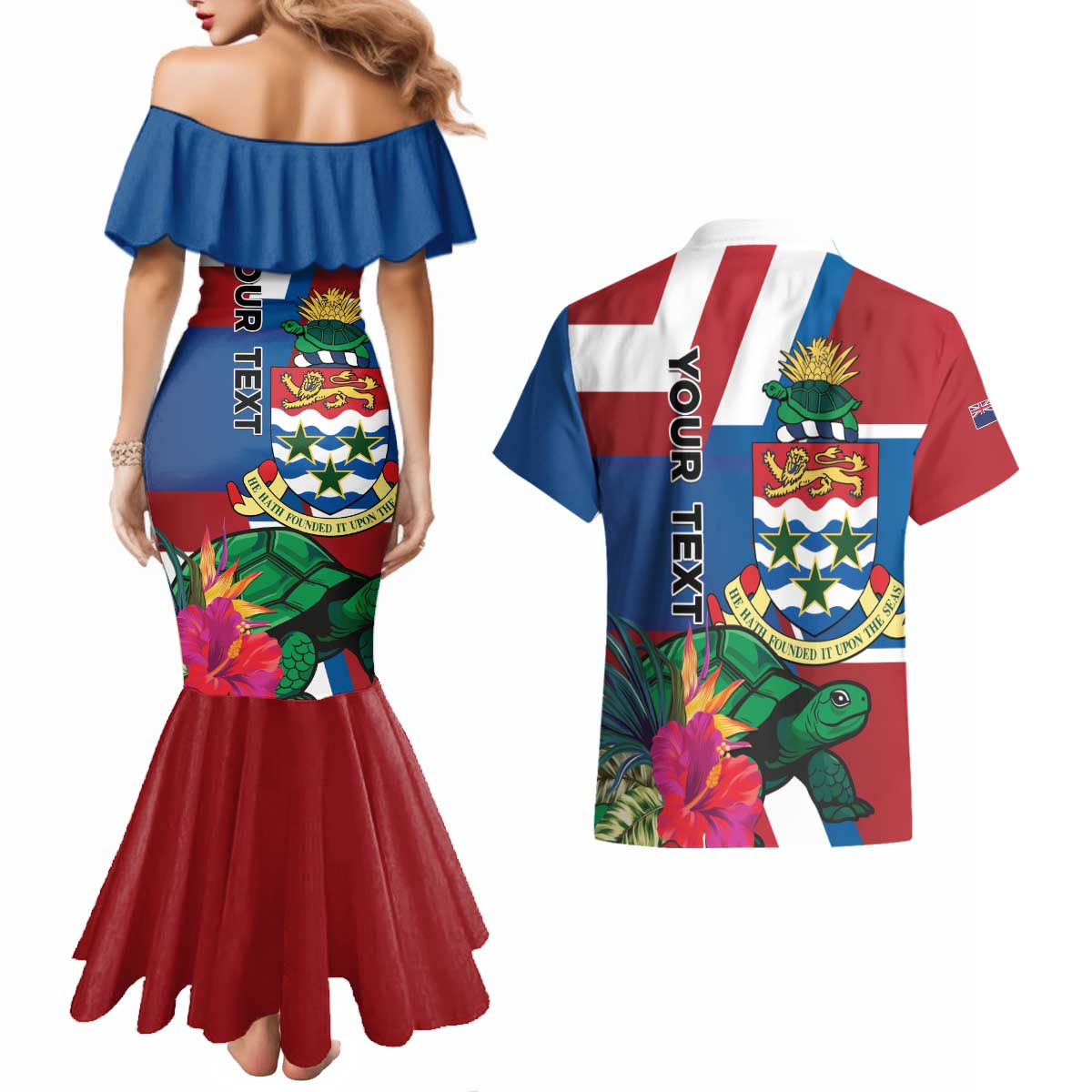 Personalised Cayman Islands Couples Matching Mermaid Dress and Hawaiian Shirt Tropical Green Turtle