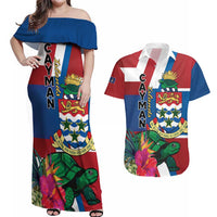Personalised Cayman Islands Couples Matching Off Shoulder Maxi Dress and Hawaiian Shirt Tropical Green Turtle