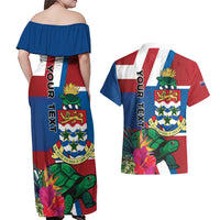 Personalised Cayman Islands Couples Matching Off Shoulder Maxi Dress and Hawaiian Shirt Tropical Green Turtle